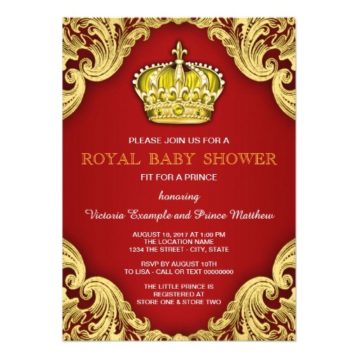 fancy prince baby shower red and gold invitation