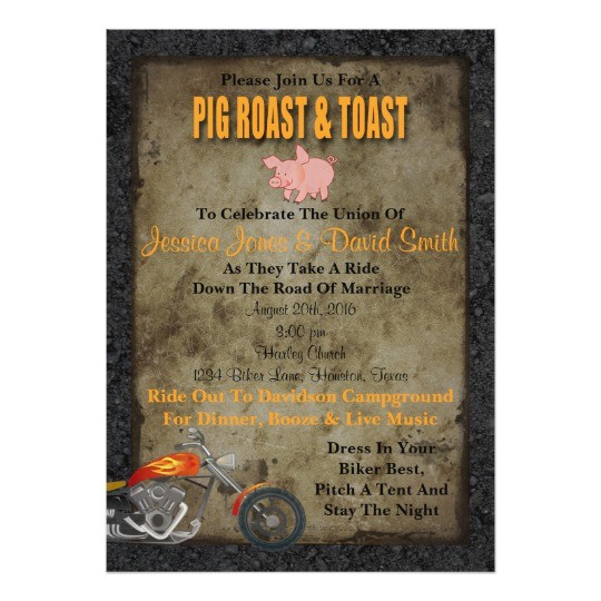 pig roast and toast biker wedding invitation