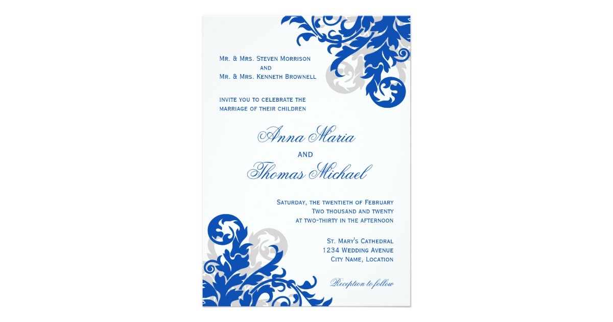 royal blue and silver flourish wedding invitation 161954992780844908