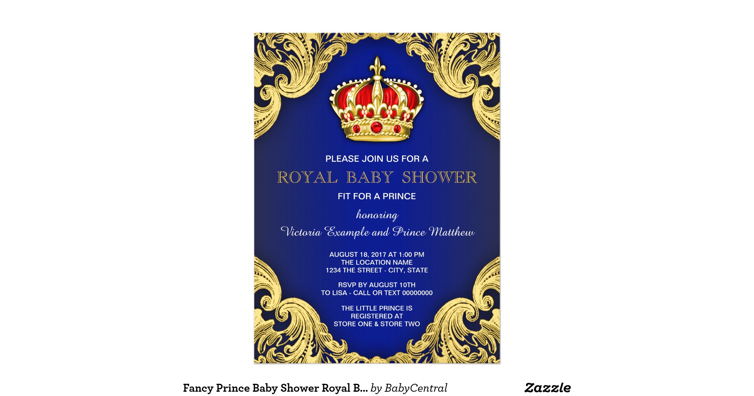 fancy prince baby shower royal blue invitation