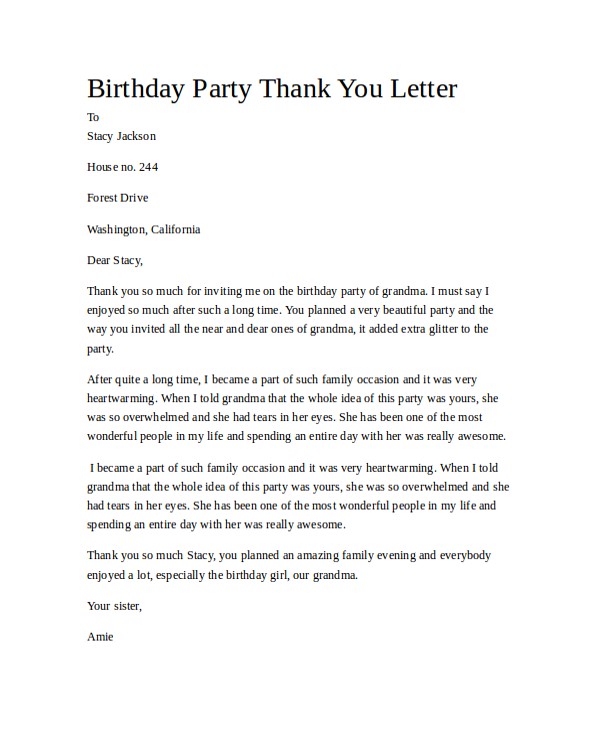 Sample Thank You Letter for Invitation to A Birthday Party 22 Sample Thank You Letters