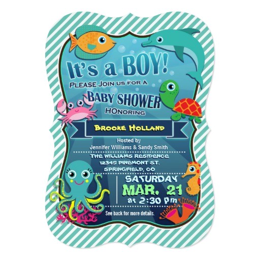 colorful sea creatures boy baby shower invitation