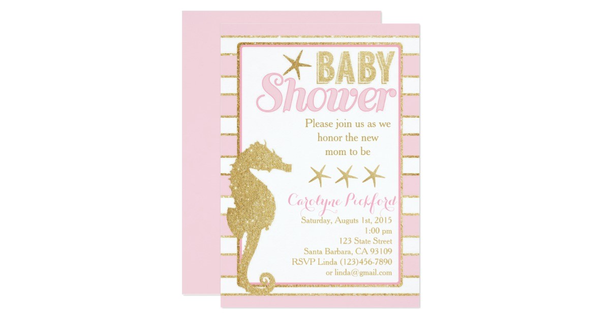 baby shower invitation with gold seahorse