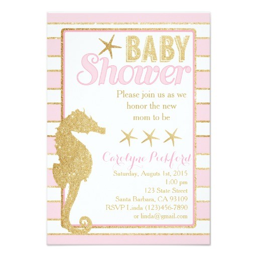 baby shower invitation with gold seahorse