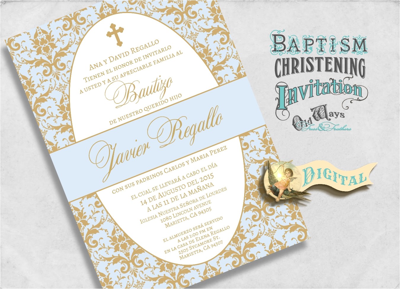 elegant spanish baptism invitations blue