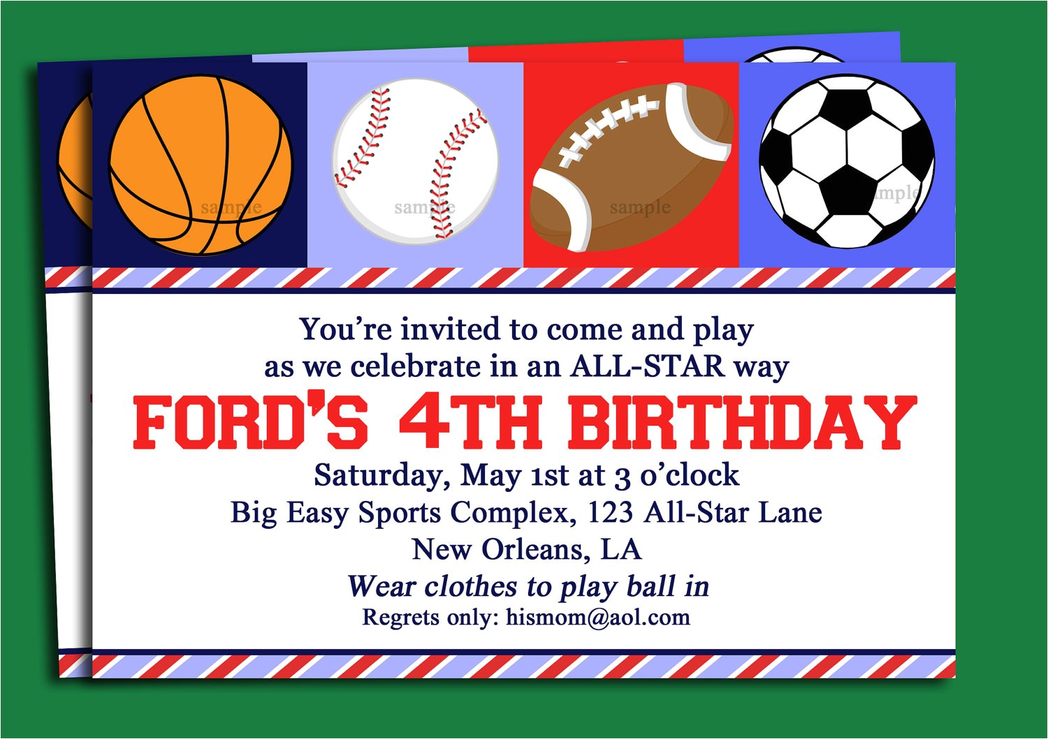 free printable sport themed birthday invitation card for boys sports with white background color and green border
