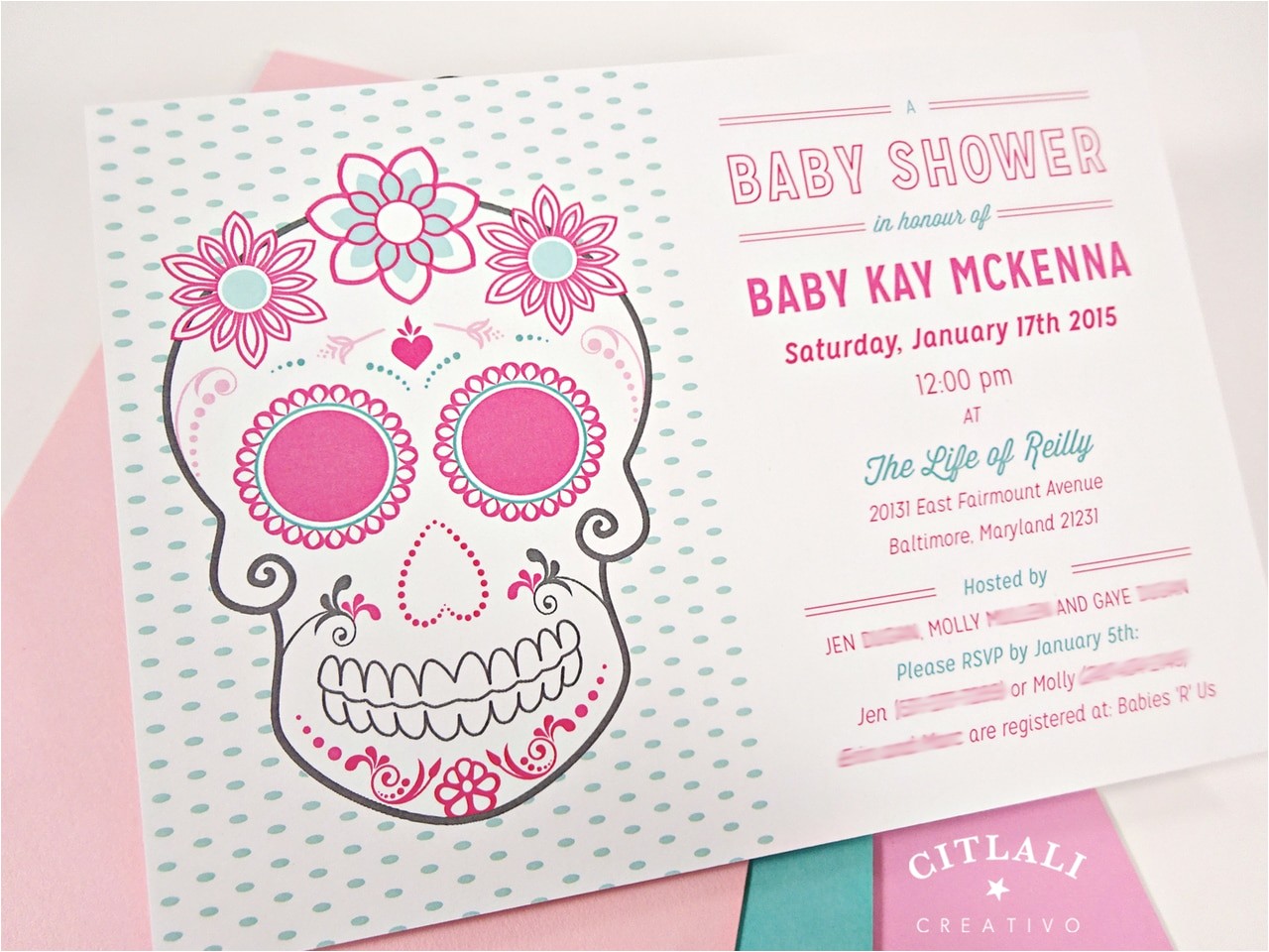 pink floral sugar skull with roses baby shower invitation
