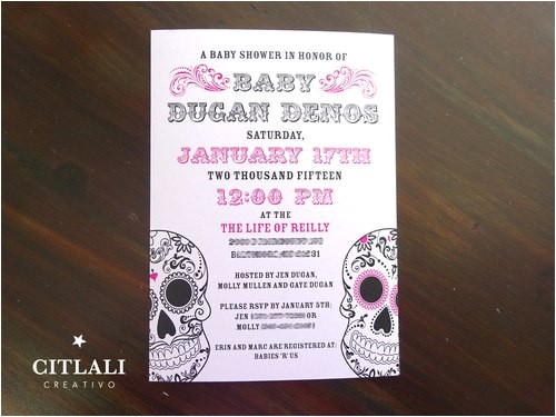 pink sugar skull baby shower invitations