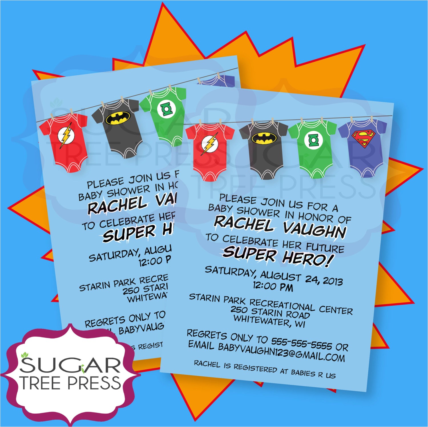 Superhero themed Baby Shower Invitations Esie Super Hero Justice League Baby Shower by Sugartreepress