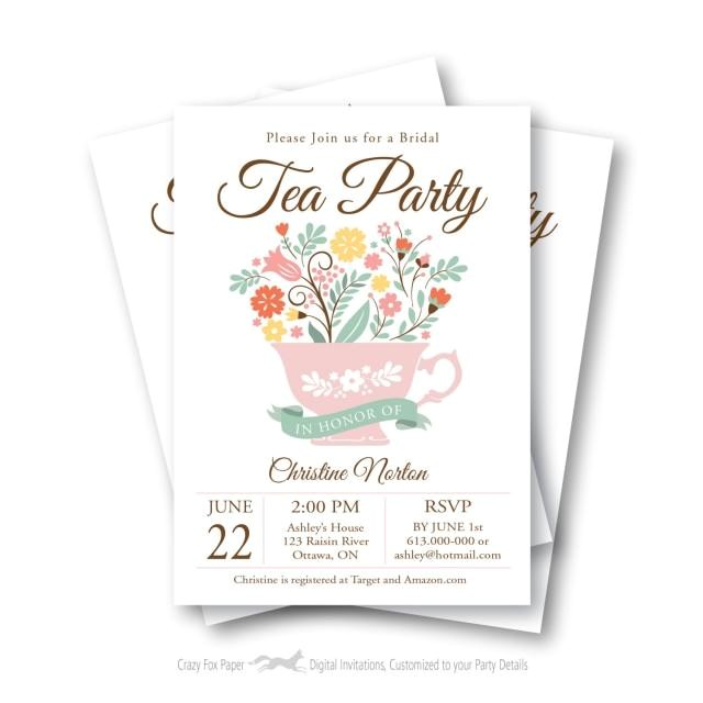bridal shower tea party invitation customized printable tea cup vintage flowers