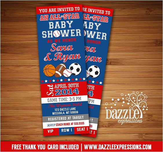 All Star Sports Ticket Baby Shower Invitation FREE thank you card