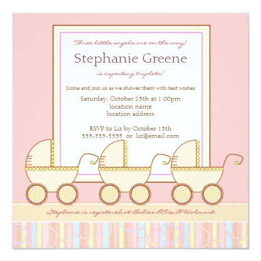 trio carriage triplet girl baby shower invitation