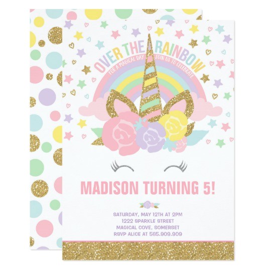 rainbow unicorn birthday invitation pink gold