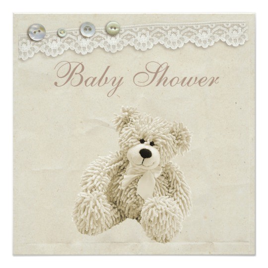 neutral teddy bear vintage lace baby shower invitation