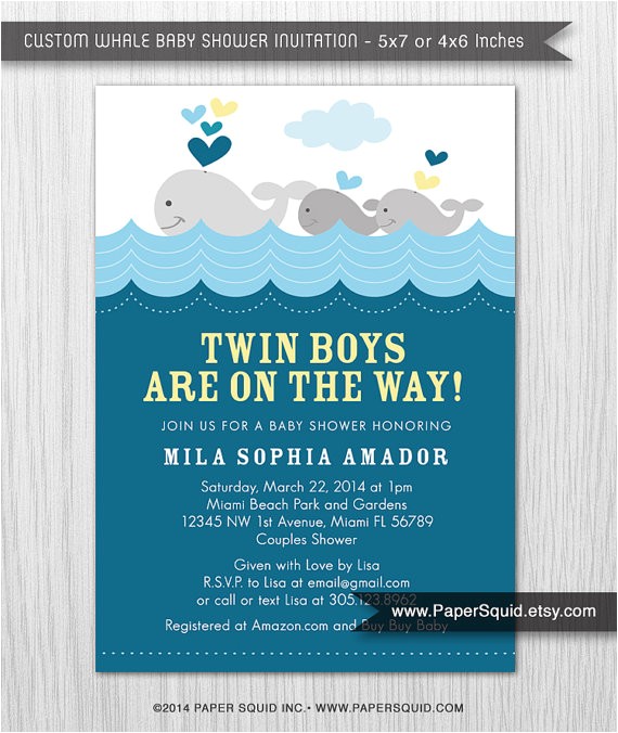 Whale themed Baby Shower Invitations Whale theme Baby Shower Invitation Twin Boys Baby Shower