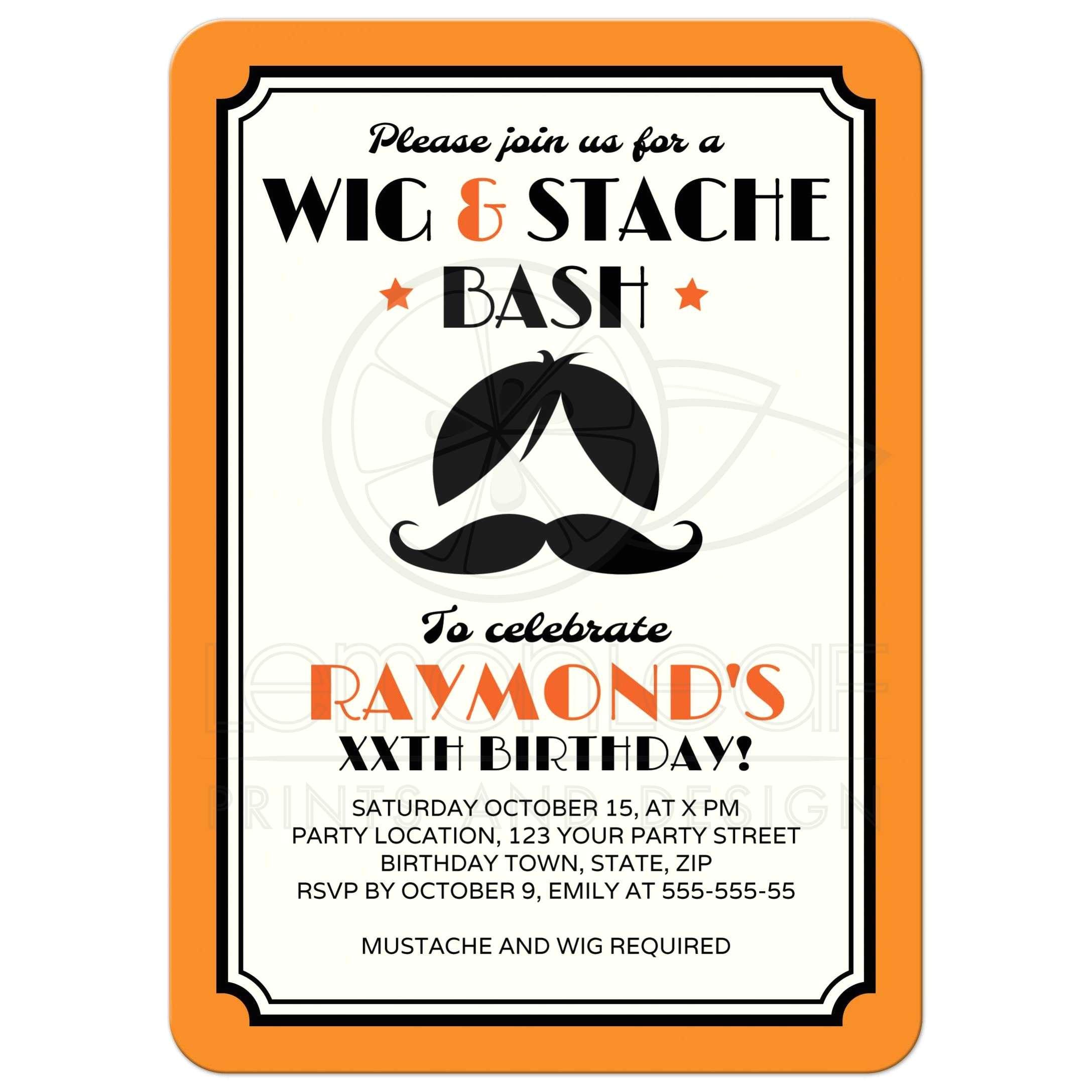 retro wig and mustache bash birthday party invitation orange black