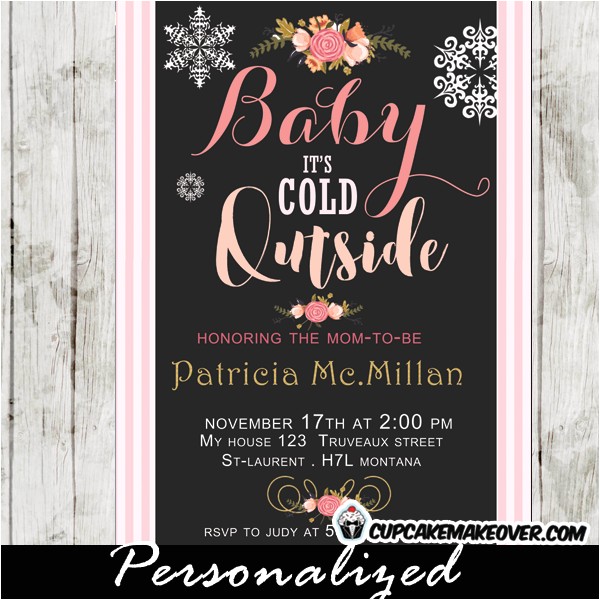 winter baby shower invitations pink stripes floral bouquet baby its cold outside