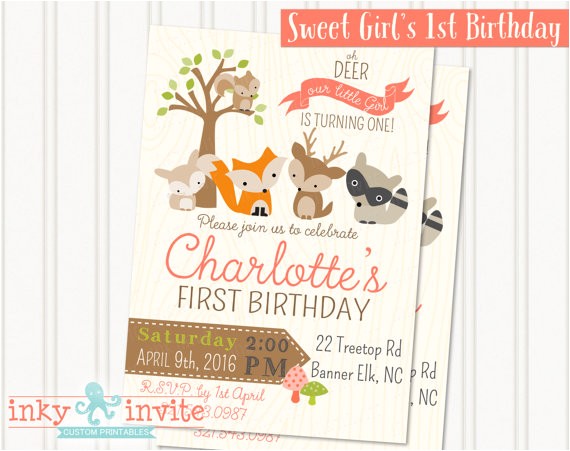 girls woodland 1st birthday party invitation