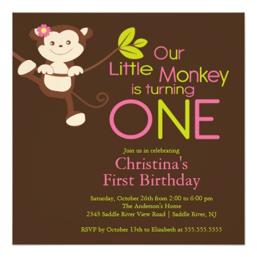 cute modern monkey 1st birthday party invitations