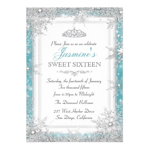blue silver winter wonderland sweet 16 invitation
