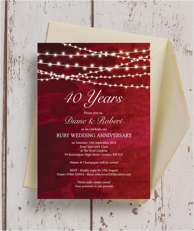 red fairy lights 40th ruby wedding anniversary invitation