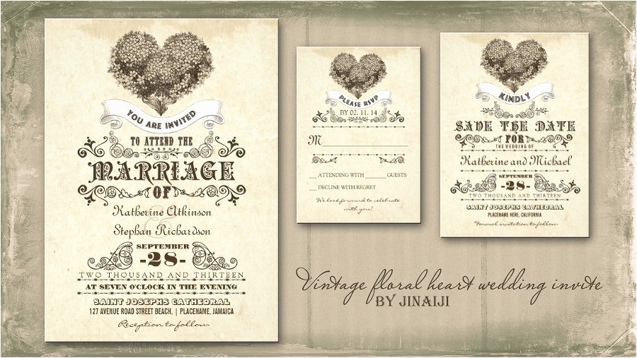 read more vintage floral love heart wedding invitation