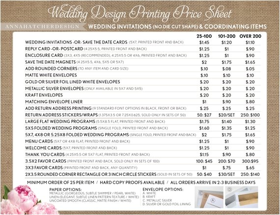 printing price list for wedding