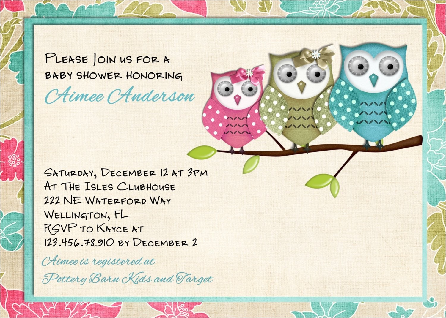shabby owls baby shower invitation