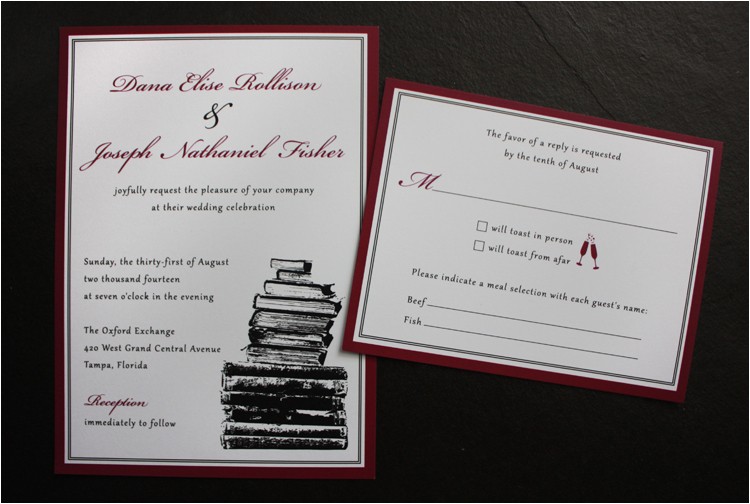burgundy black white vintage book themed wedding invitations