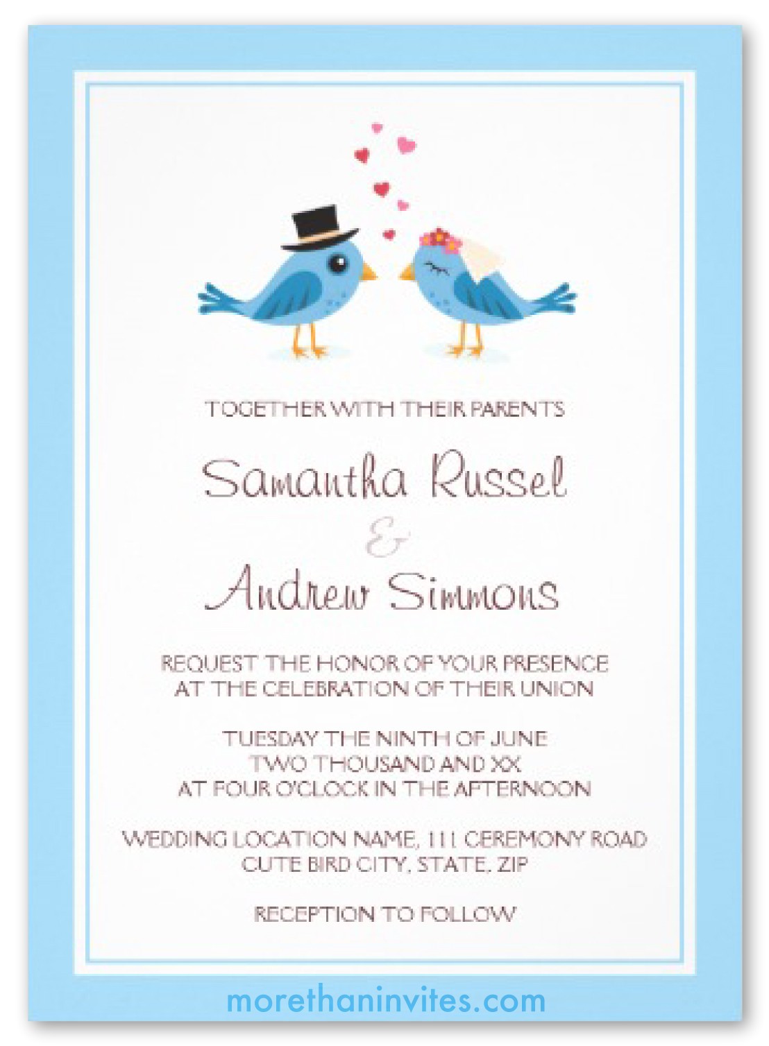cute blue bird bride and groom wedding invitation
