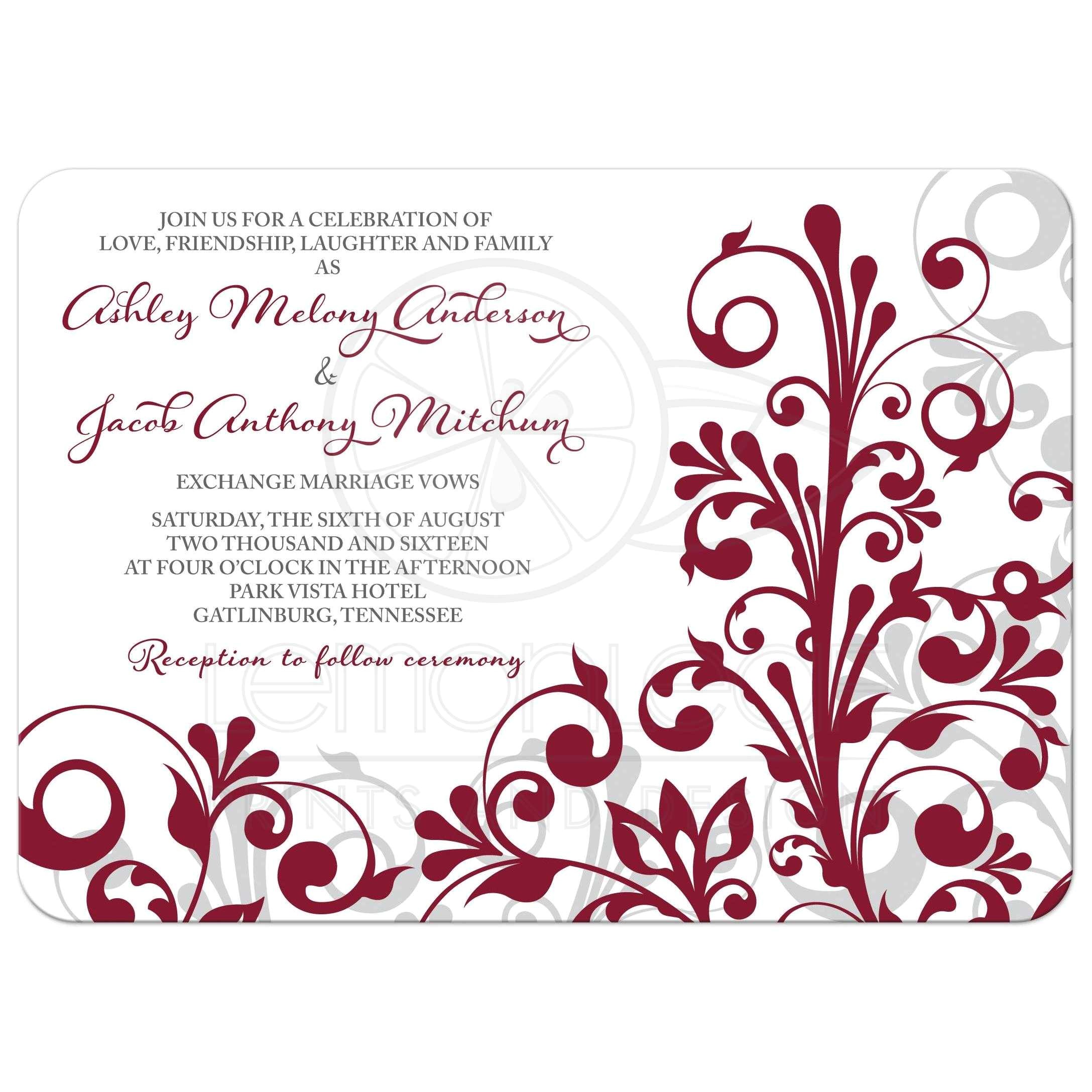 burgundy gray abstract floral wedding invitation