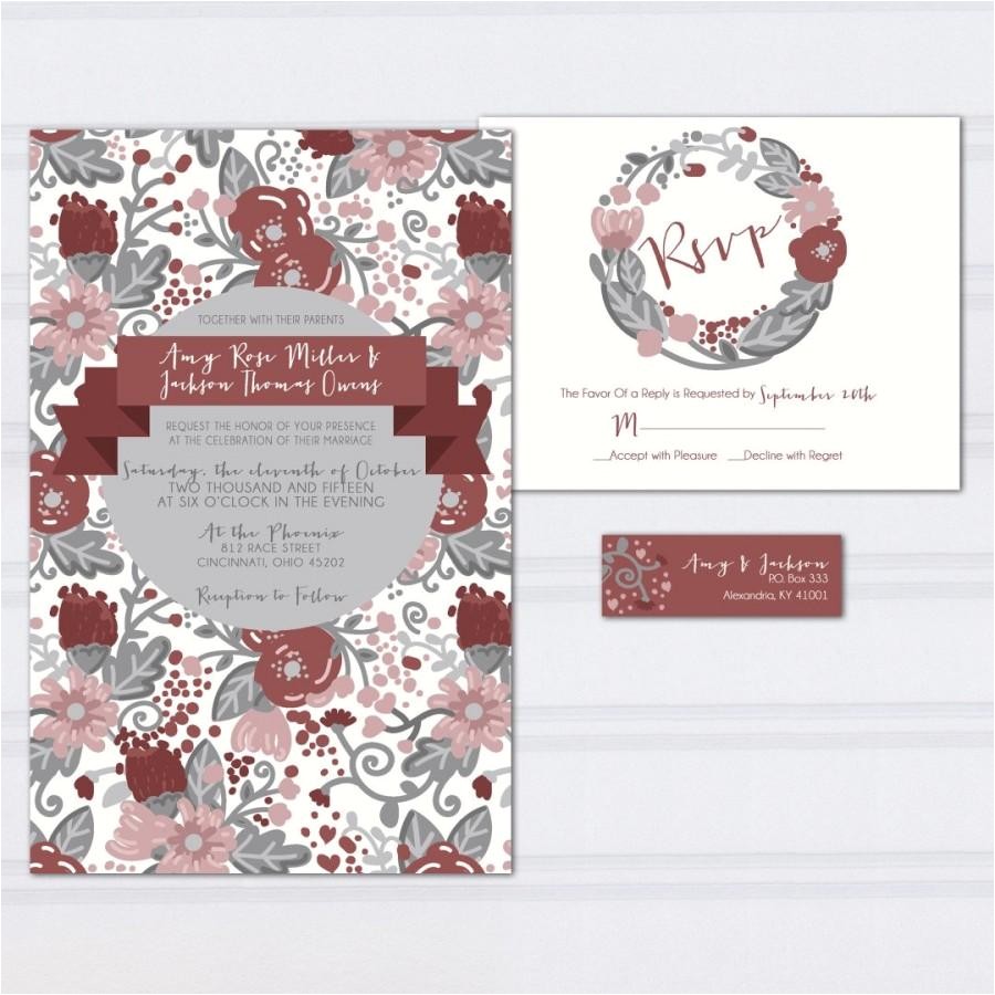 floral pattern wedding invitations marcala wine wedding invites burgundy and gray hipster doodle wedding stationery cheap invites