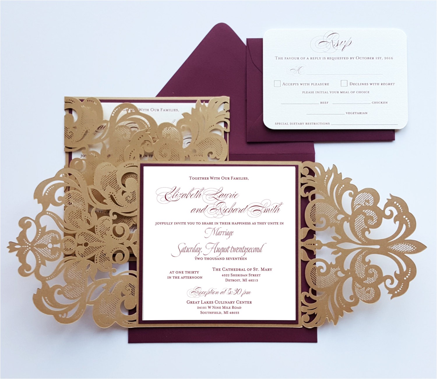 laser cut wedding invitation card broadway design burgundy gold