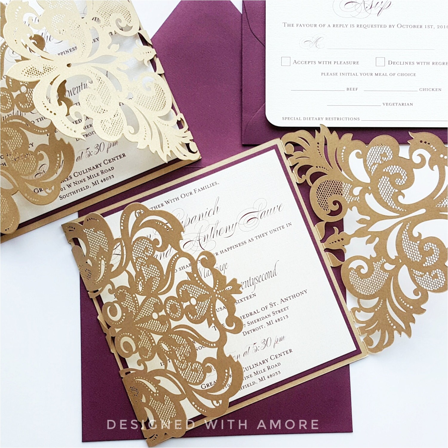 burgundy and gold wedding invitations