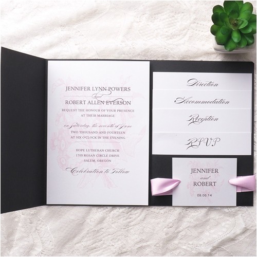 cheap pink flower simple black pocket wedding invitation kits