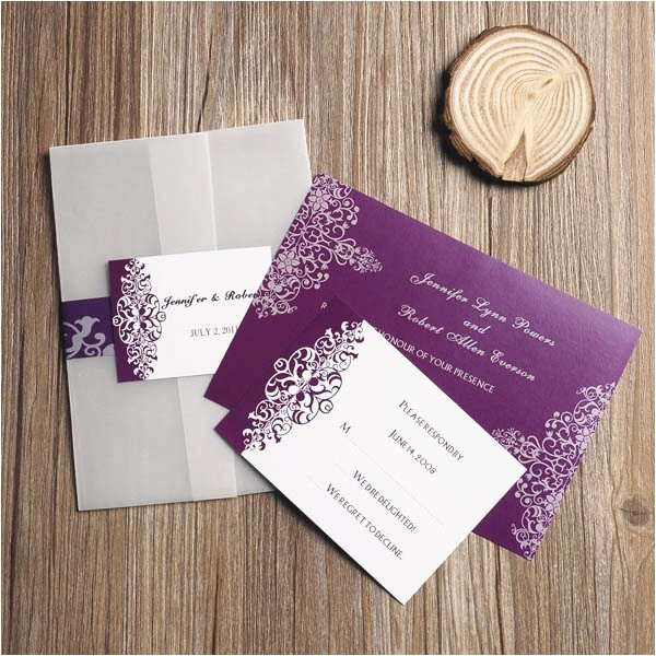 purple vintage damask printed cheap pocket wedding invitations ewpi069