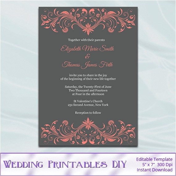 coral and gray wedding invitation