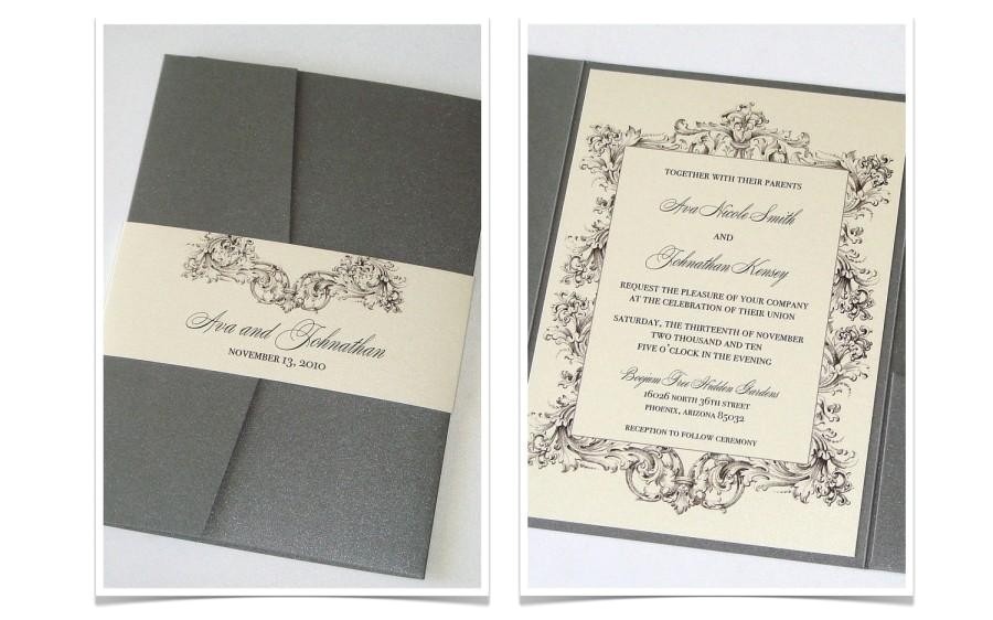 ava pocket fold vintage wedding invitation sample ivory creme and pewter grey