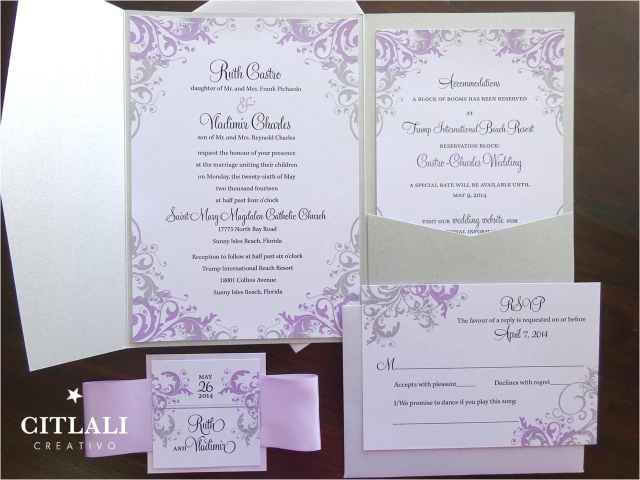 lilac silver filigree pocket folder wedding invitations ribbon