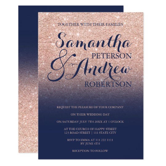 chic faux rose gold glitter navy blue wedding card