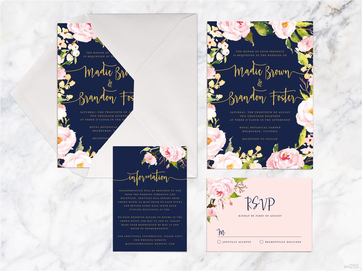 navy blue wedding invitation kits printable wedding invitation set rose pink navy gold wedding