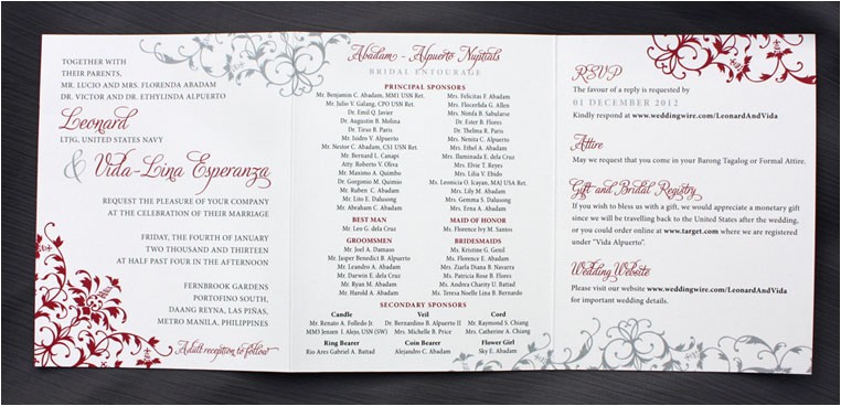 red gray ornate scrollwork tri panel belly band wedding invitations