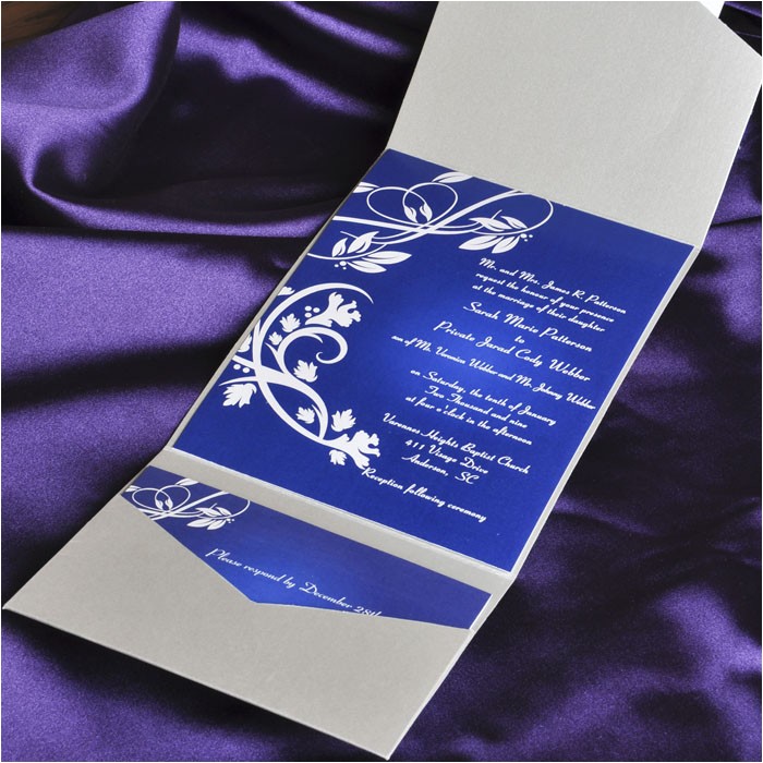 blue elegant floral swirl damask with grey pocket affordable wedding invitation kits ewpi018