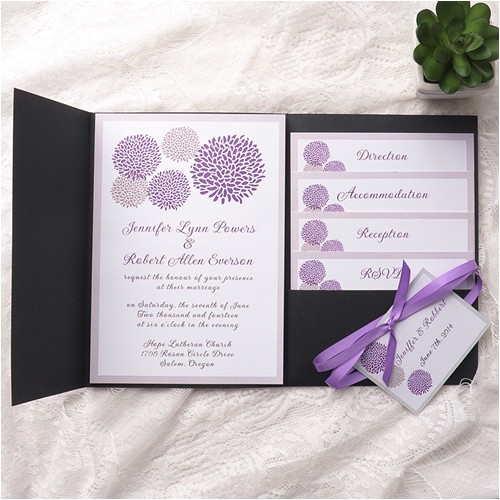 cheap purple dandelion black pocket wedding invitation kits ewpi155