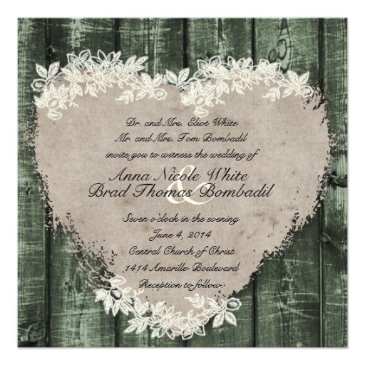 primitive green wood heart wedding invitation 161131474314722924