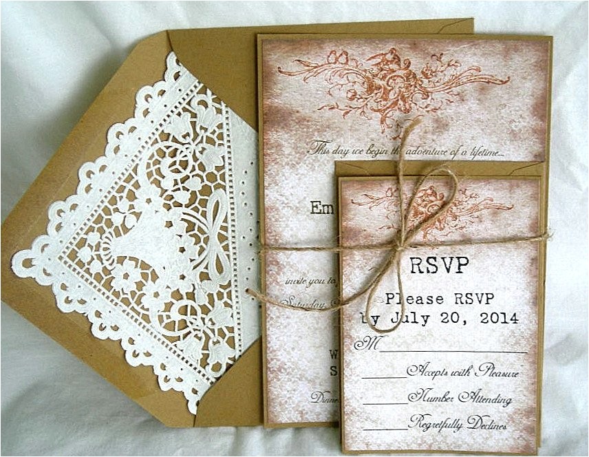 wedding invitation vintage rustic primitive lace w kraft doily lace lined envelope liner beautiful unique shabby chic custom any color