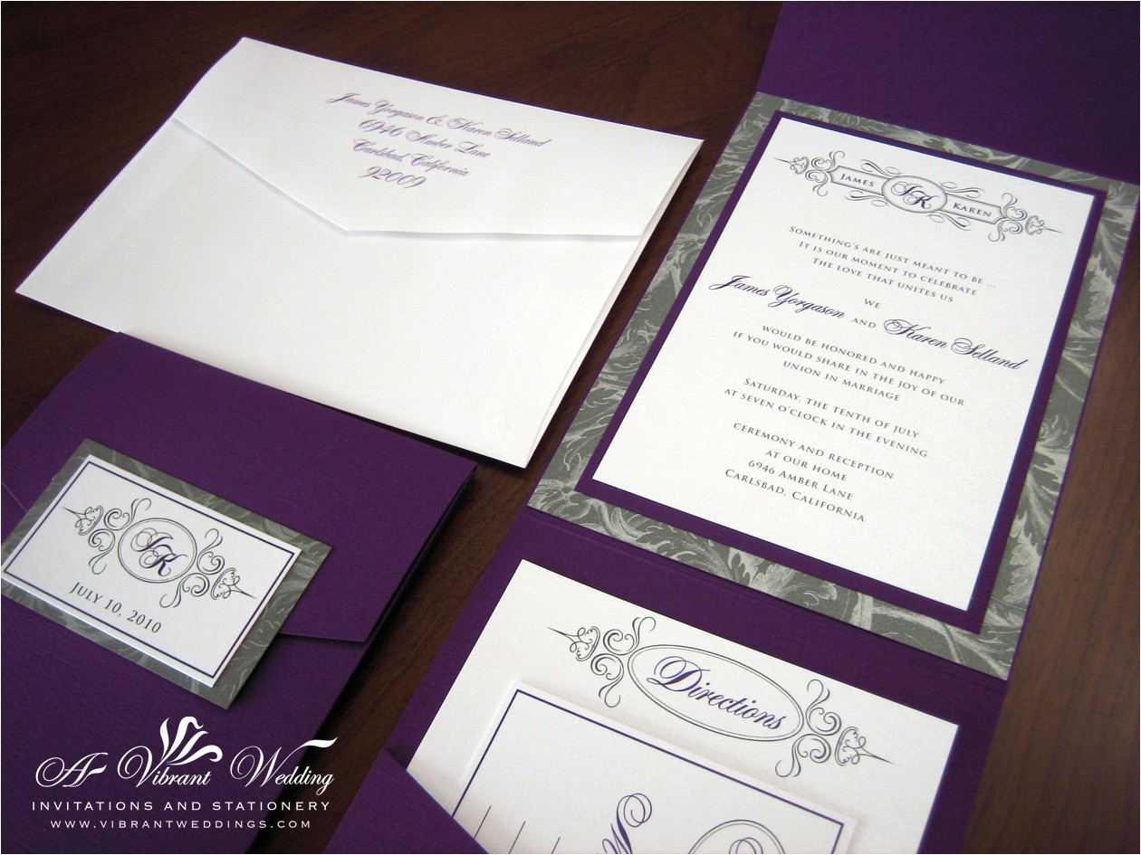 purple and gray wedding invitation
