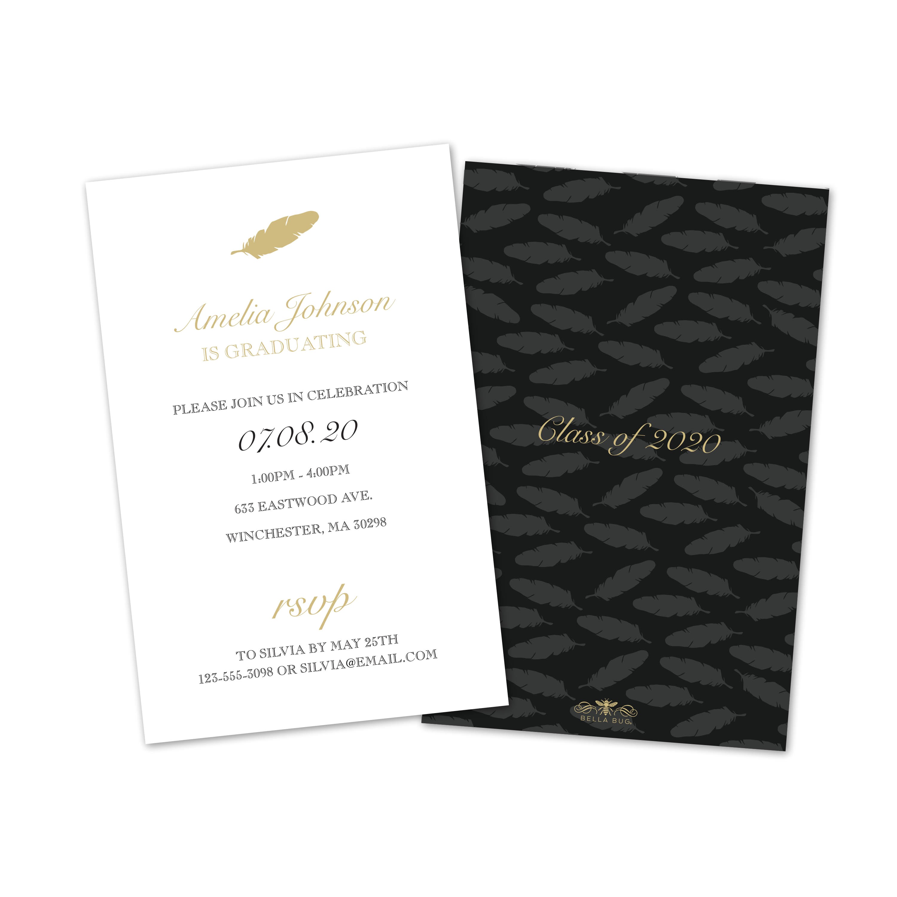 gold feather personalized graduation invitations