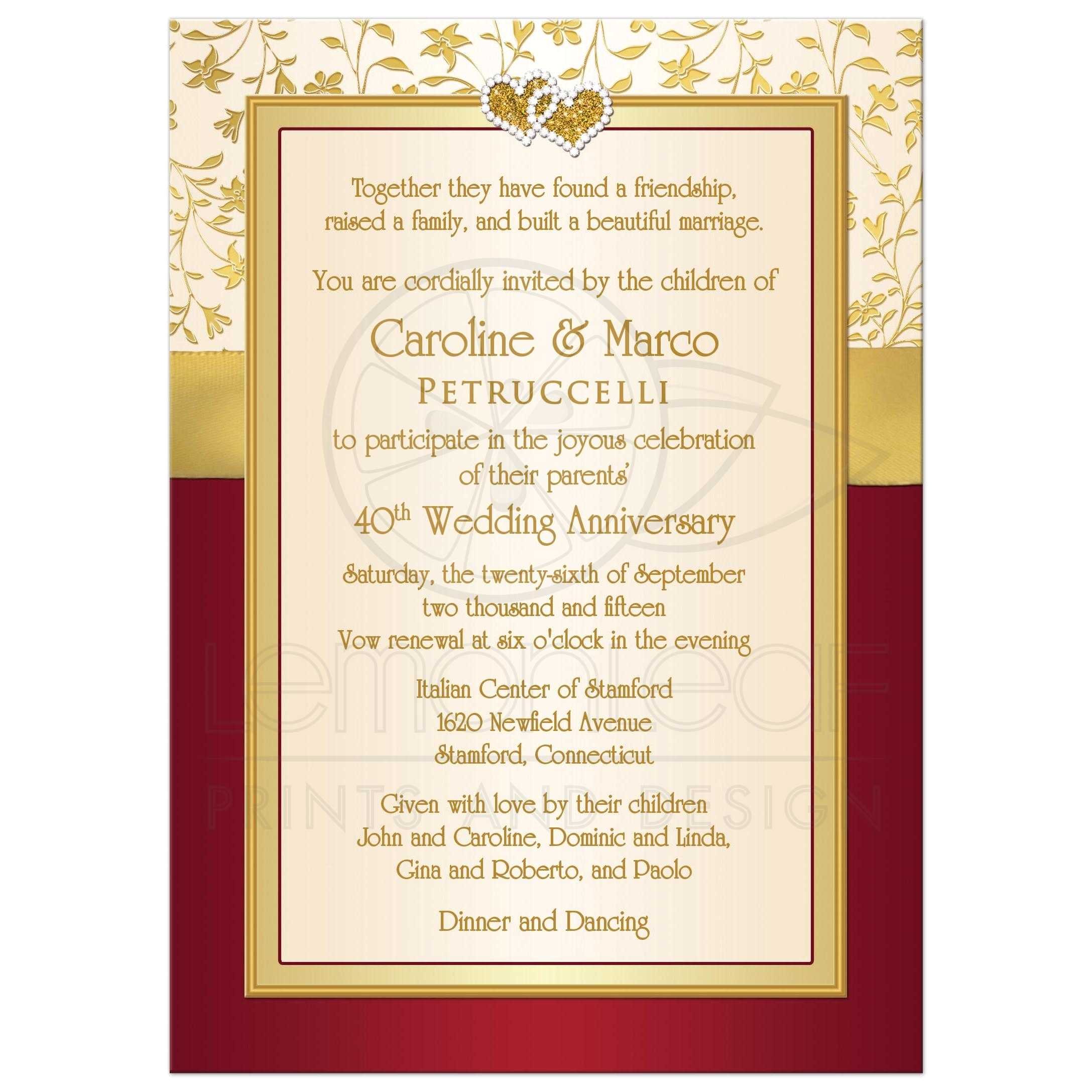 40th wedding anniversary invitation red ivory gold floral printed ribbon joined hearts
