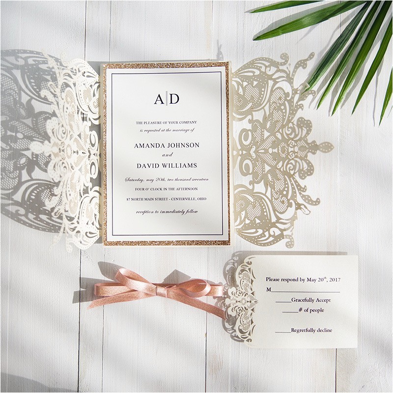exclusive ivory laser cut wedding invitation with glitter gol
